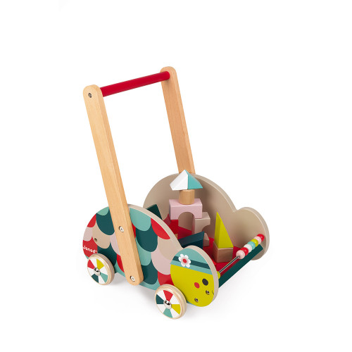 Janod Baby Forest Turtle Trolley Movable Wood Cart 12 Wooden Blocks Kids 
